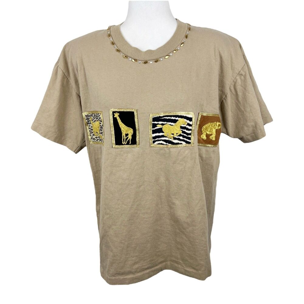 Vintage Clodia Dee Shirt Women Medium Brown Gold Cotton Animal Embroidered Tee